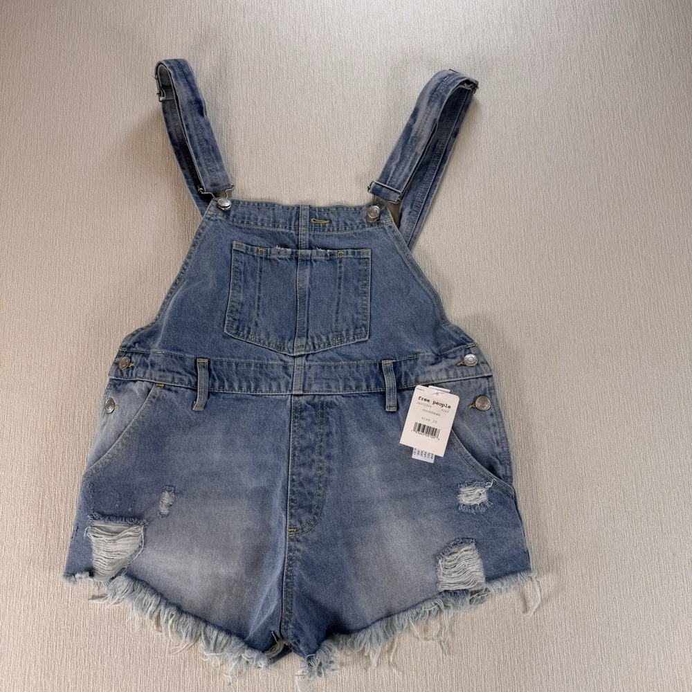 Free People We The Free New Denim Short Overalls Shorts Distressed Women 26 NWT